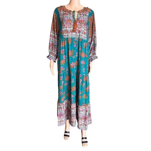 NWT Natural Life Nova Maxi Dress Medium Teal Riviera Floral Boho Tassel Ruffle NWT Natural Life Nova Maxi Dress Medium Teal Riviera Floral Boho Tassel Ruffle